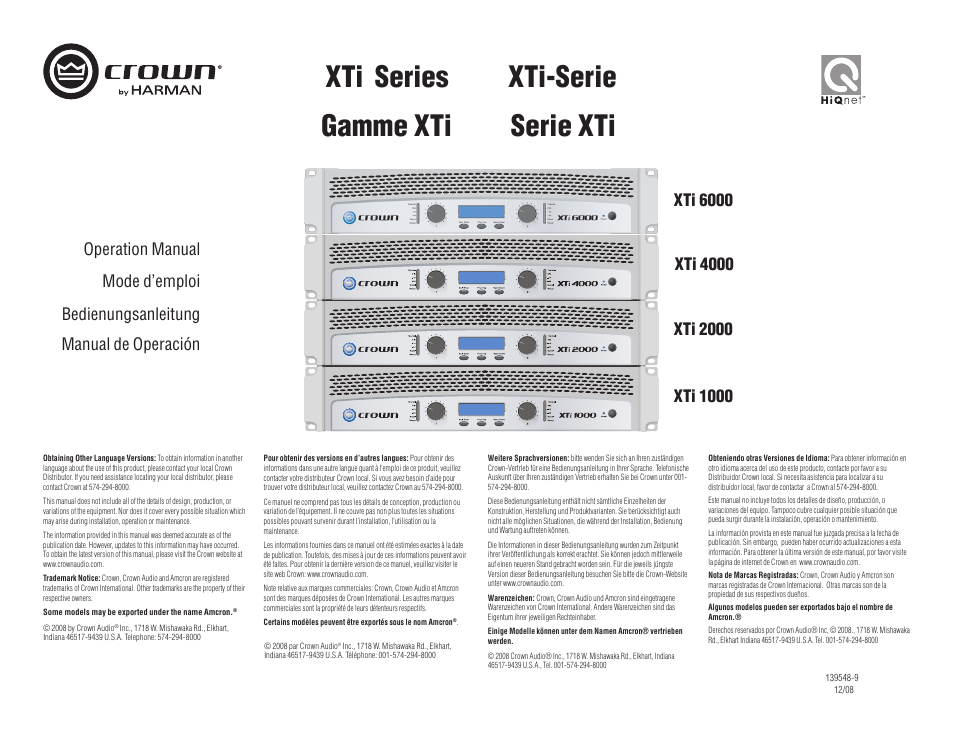 Crown Audio XTi Series User Manual | 48 pages