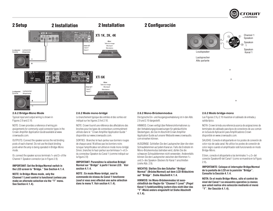 2 setup, 2 installation, 2 installation 2 configuración | Crown Audio XTi Series User Manual | Page 13 / 48