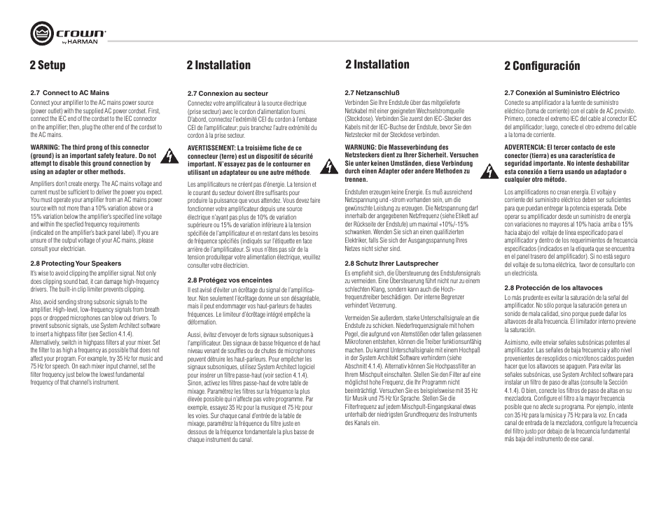 2 setup, 2 configuración 2 installation, 2 installation | Crown Audio XTi Series User Manual | Page 14 / 48