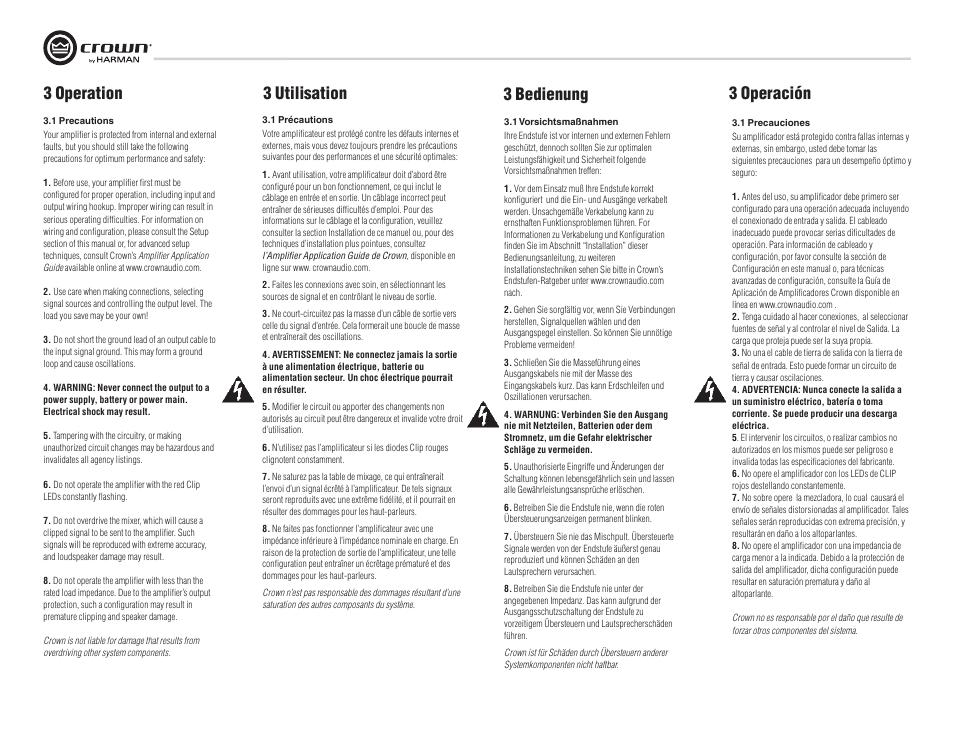 3 operation 3 bedienung 3 operación, 3 utilisation | Crown Audio XTi Series User Manual | Page 16 / 48