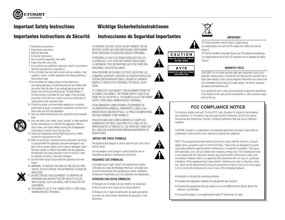 Important safety instructions, Fcc compliance notice | Crown Audio XTi Series User Manual | Page 2 / 48