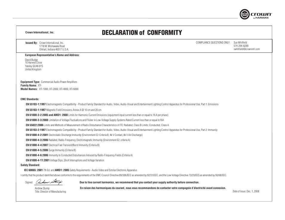 Declaration of conformity | Crown Audio XTi Series User Manual | Page 3 / 48