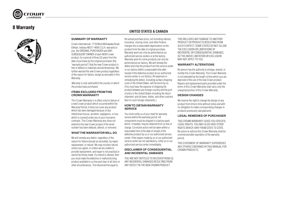 8 warranty | Crown Audio XTi Series User Manual | Page 36 / 48