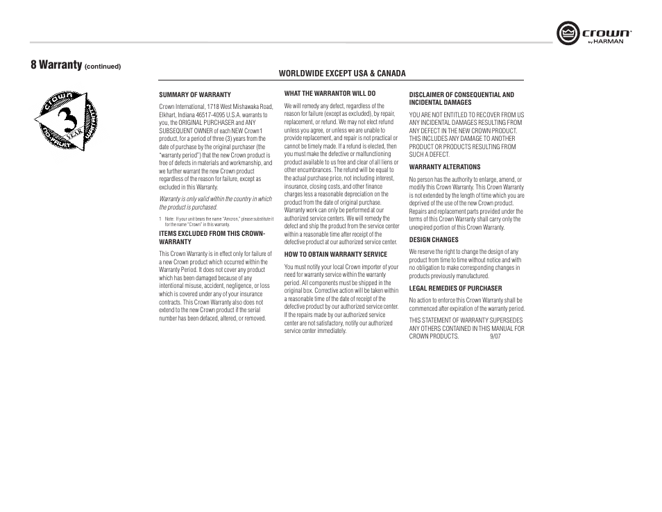 8 warranty | Crown Audio XTi Series User Manual | Page 37 / 48