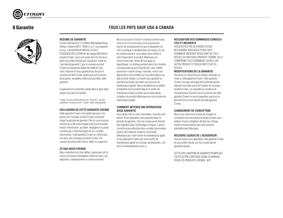 8 garantie, Tous les pays sauf usa & canada | Crown Audio XTi Series User Manual | Page 38 / 48