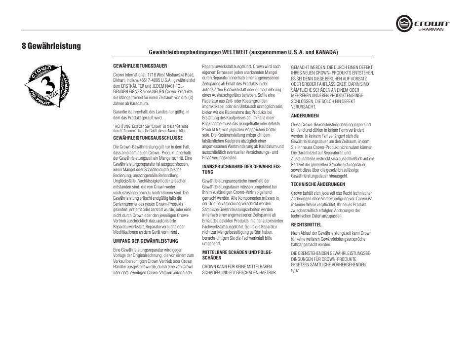 8 gewährleistung | Crown Audio XTi Series User Manual | Page 39 / 48