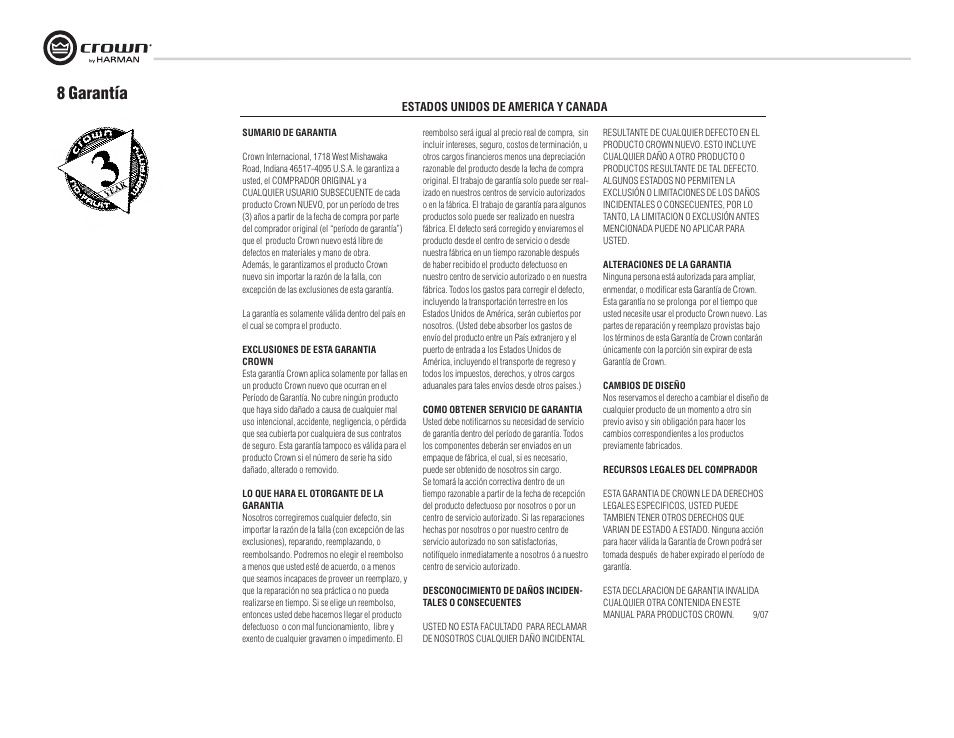 8 garantía | Crown Audio XTi Series User Manual | Page 40 / 48