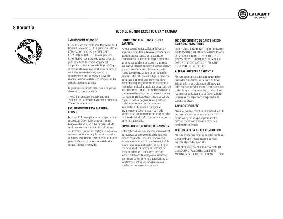 8 garantía | Crown Audio XTi Series User Manual | Page 41 / 48
