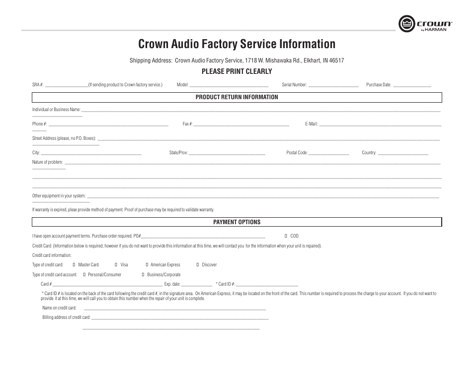 Crown audio factory service information, Please print clearly | Crown Audio XTi Series User Manual | Page 45 / 48