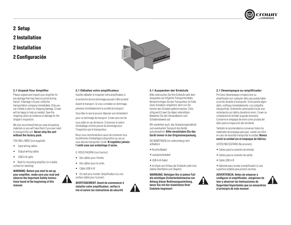 2 setup 2 installation 2 configuración, 2 installation | Crown Audio XTi Series User Manual | Page 7 / 48