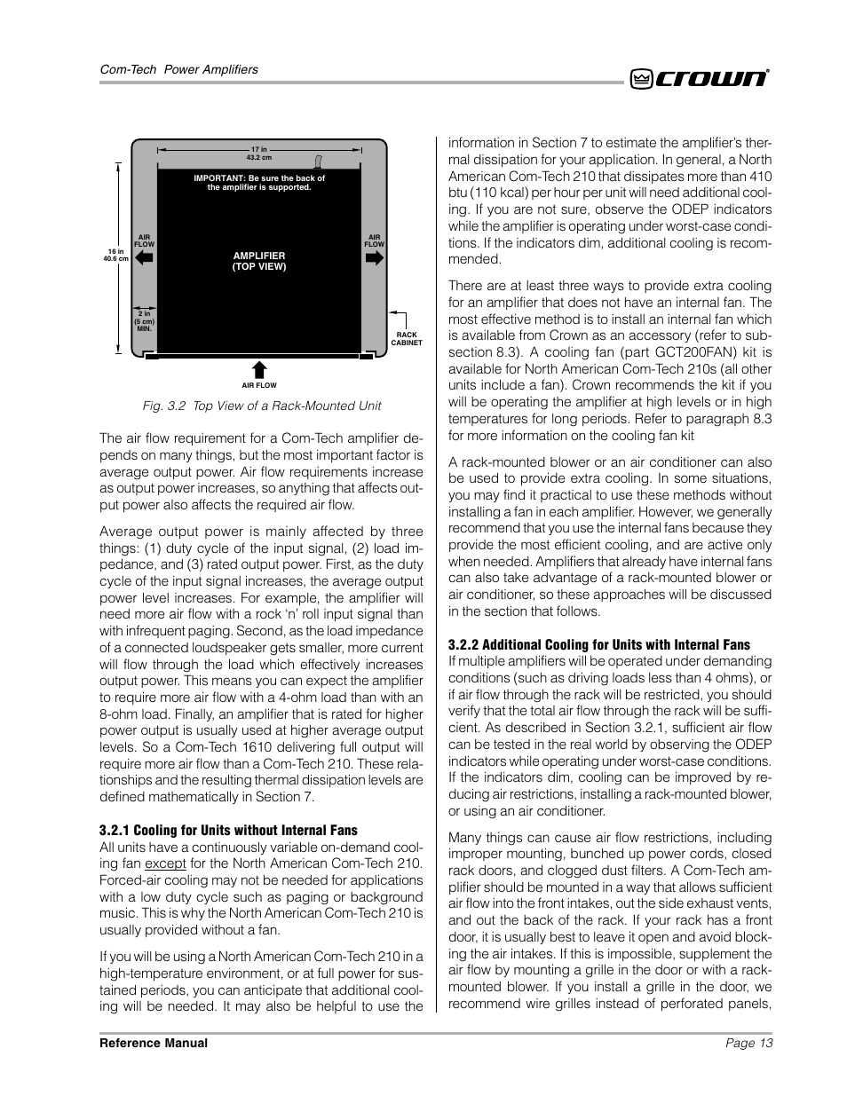 Page 13 com-tech power amplifiers reference manual, Fig. 3.2 top view of a rack-mounted unit | Crown Audio Com-Tech "10 Series" User Manual | Page 13 / 51