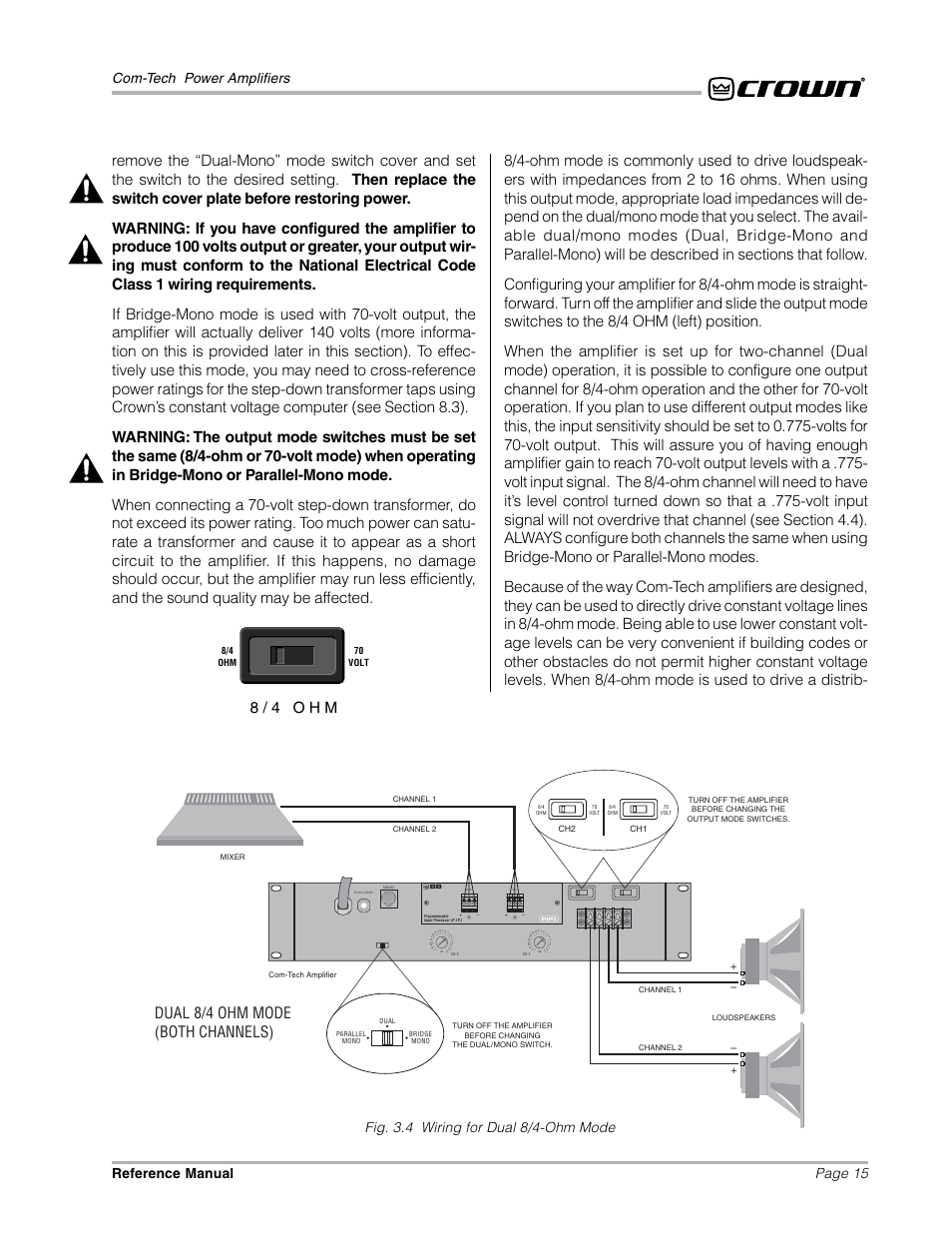 Dual 8/4 ohm mode (both channels), 8 / 4 o h m, Page 15 com-tech power amplifiers reference manual | Fig. 3.4 wiring for dual 8/4-ohm mode | Crown Audio Com-Tech "10 Series" User Manual | Page 15 / 51