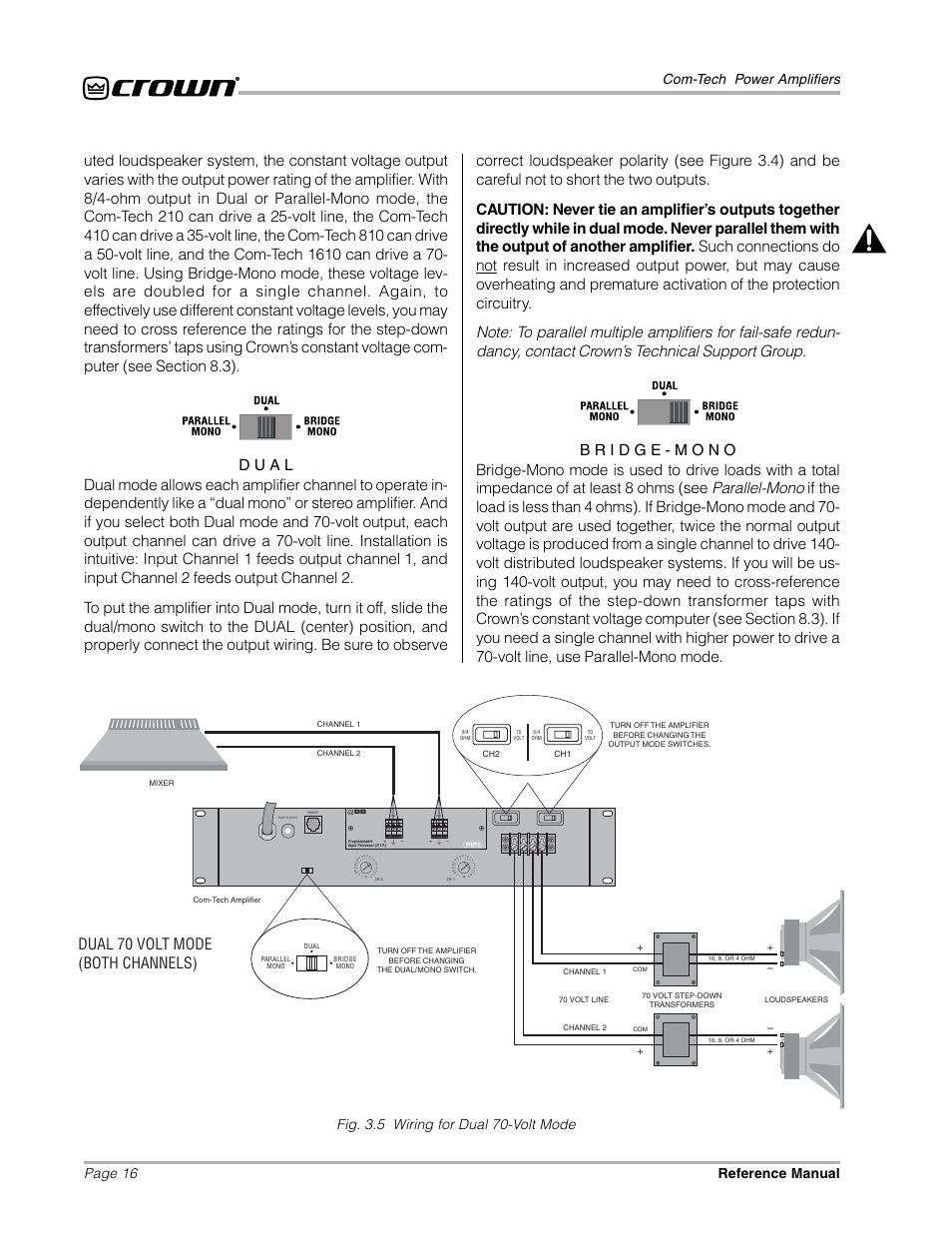 Dual 70 volt mode (both channels), Page 16 com-tech power amplifiers reference manual, Fig. 3.5 wiring for dual 70-volt mode | Crown Audio Com-Tech "10 Series" User Manual | Page 16 / 51