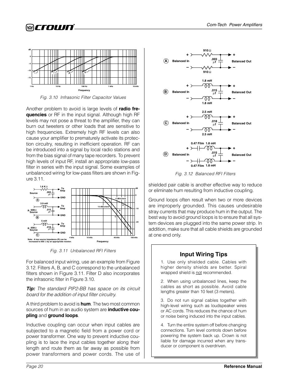 Input wiring tips, Page 20 com-tech power amplifiers reference manual, Fig. 3.11 unbalanced rfi filters | Fig. 3.12 balanced rfi filters, Fig. 3.10 infrasonic filter capacitor values | Crown Audio Com-Tech "10 Series" User Manual | Page 20 / 51