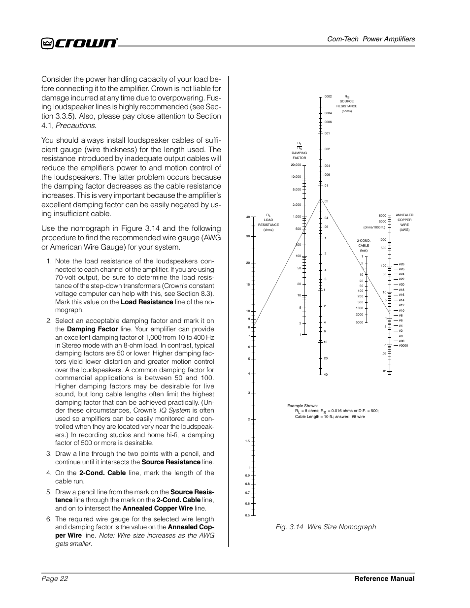 Page 22 com-tech power amplifiers reference manual, Iq system, Fig. 3.14 wire size nomograph | Crown Audio Com-Tech "10 Series" User Manual | Page 22 / 51