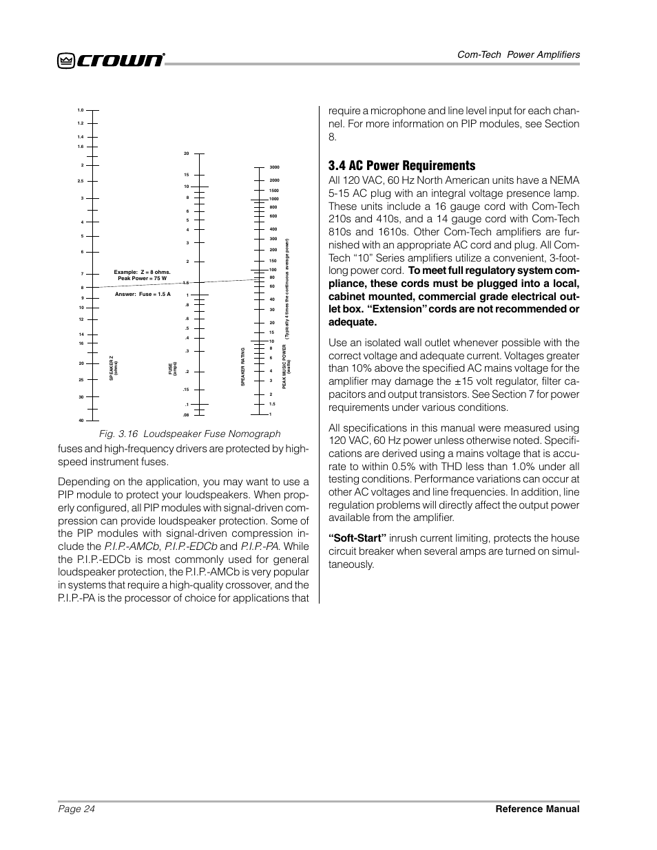 4 ac power requirements, Page 24 com-tech power amplifiers reference manual, Fig. 3.16 loudspeaker fuse nomograph | Crown Audio Com-Tech "10 Series" User Manual | Page 24 / 51