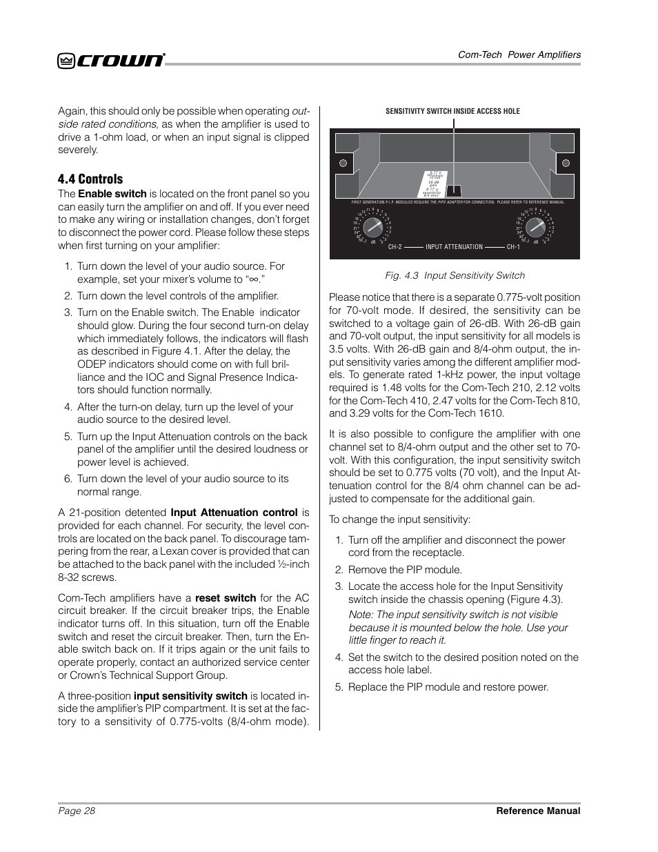 4 controls, Page 28 com-tech power amplifiers reference manual, Fig. 4.3 input sensitivity switch | Crown Audio Com-Tech "10 Series" User Manual | Page 28 / 51