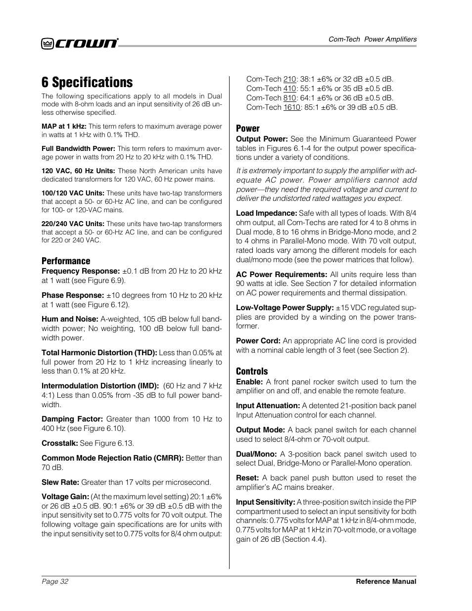 6 specifications | Crown Audio Com-Tech "10 Series" User Manual | Page 32 / 51