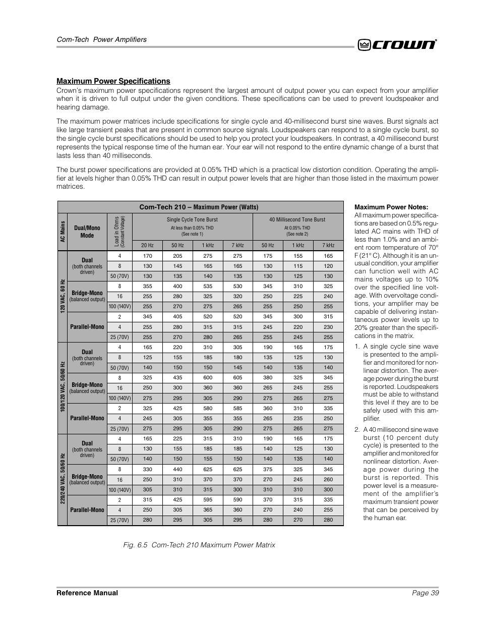 Maximum power specifications, Page 39 com-tech power amplifiers reference manual | Crown Audio Com-Tech "10 Series" User Manual | Page 39 / 51