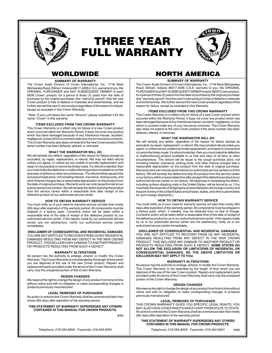 Three year full warranty, Worldwide, North america | Crown Audio Com-Tech "10 Series" User Manual | Page 4 / 51