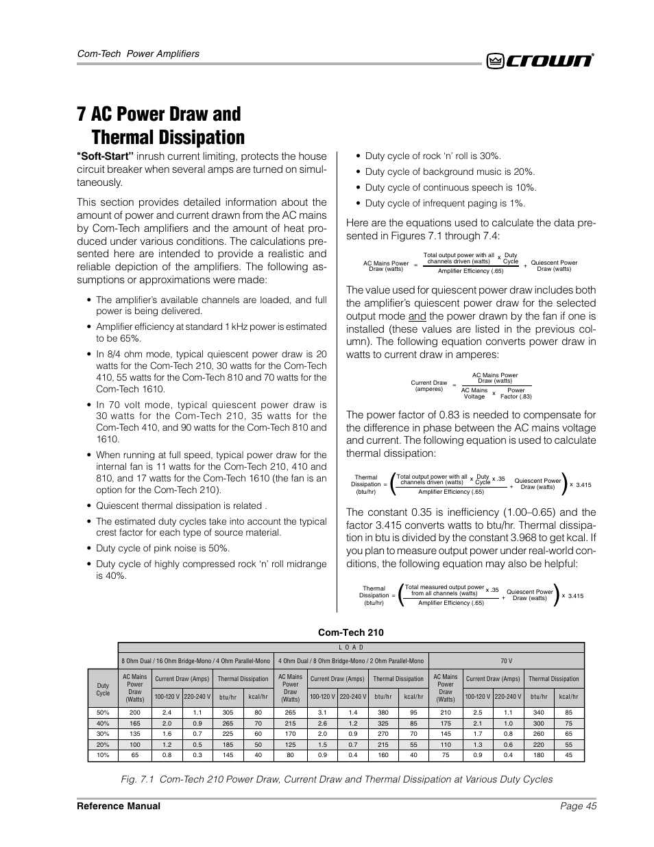 7 ac power draw and thermal dissipation, Page 45 com-tech power amplifiers reference manual, Com-tech 210 | Crown Audio Com-Tech "10 Series" User Manual | Page 45 / 51