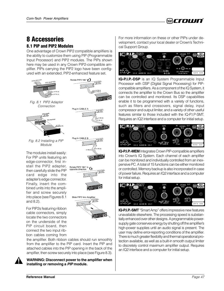 8 accessories, 1 pip and pip2, Modules | Crown Audio Com-Tech "10 Series" User Manual | Page 47 / 51