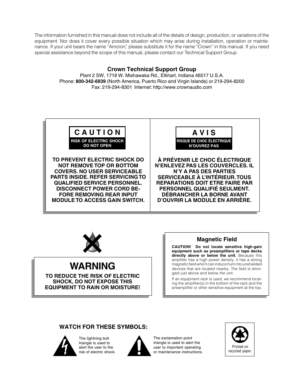 Warning, A v i s | Crown Audio Com-Tech "10 Series" User Manual | Page 5 / 51