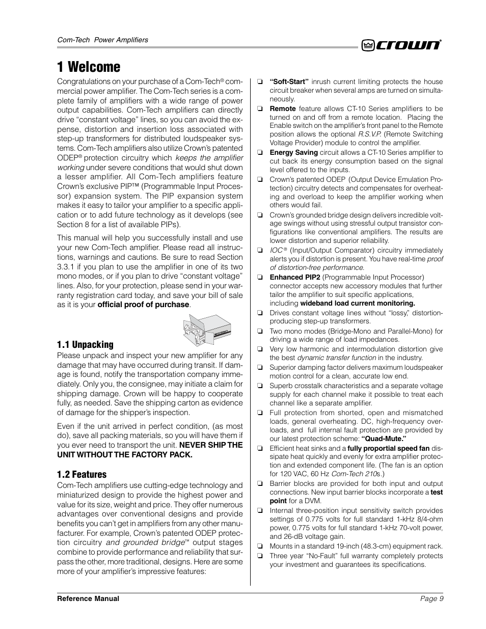 1 welcome, 1 unpacking, 2 features | Crown Audio Com-Tech "10 Series" User Manual | Page 9 / 51