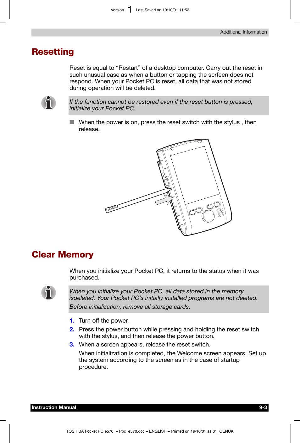 Resetting, Clear memory | Toshiba Pocket PC e570 User Manual | Page 101 / 103