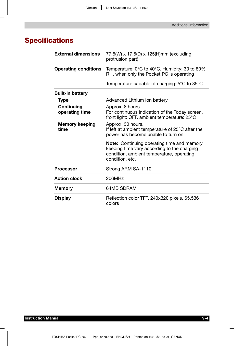 Specifications | Toshiba Pocket PC e570 User Manual | Page 102 / 103