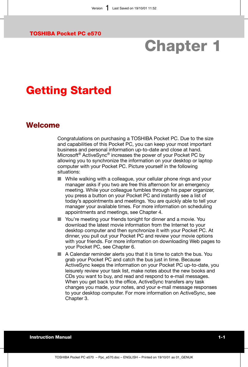 Getting started, Welcome, Chapter 1 | Toshiba Pocket PC e570 User Manual | Page 11 / 103