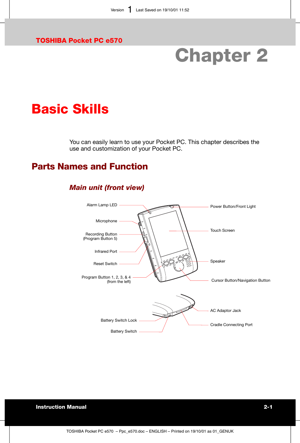Basic skills, Parts names and function, Chapter 2 | Main unit (front view), Toshiba pocket pc e570 | Toshiba Pocket PC e570 User Manual | Page 13 / 103