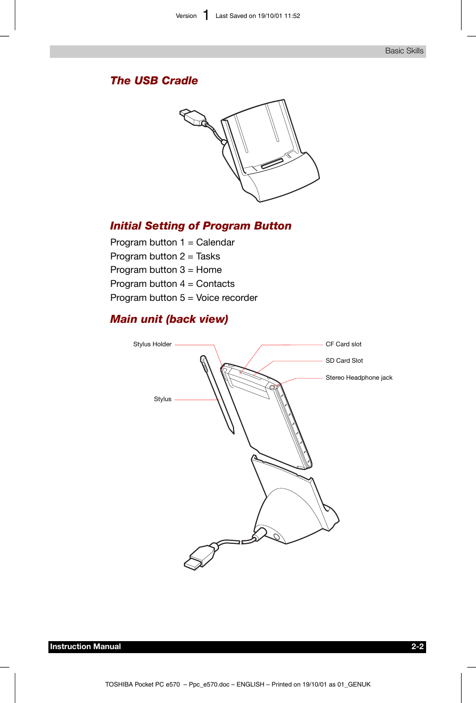 The usb cradle, Initial setting of program button, Main unit (back view) | Toshiba Pocket PC e570 User Manual | Page 14 / 103