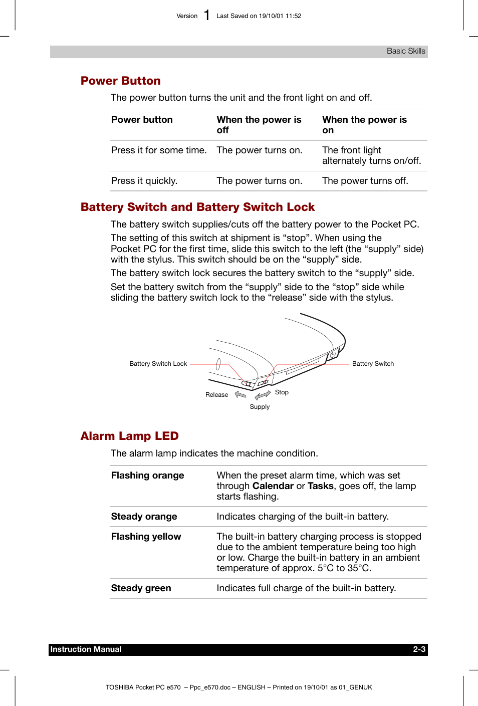 Power button, Battery switch and battery switch lock, Alarm lamp led | Toshiba Pocket PC e570 User Manual | Page 15 / 103