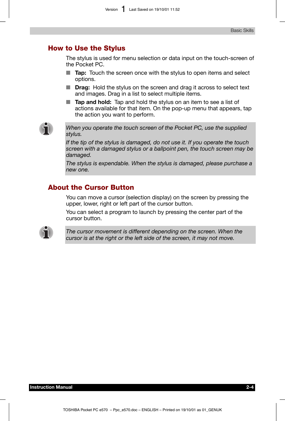 How to use the stylus, About the cursor button | Toshiba Pocket PC e570 User Manual | Page 16 / 103