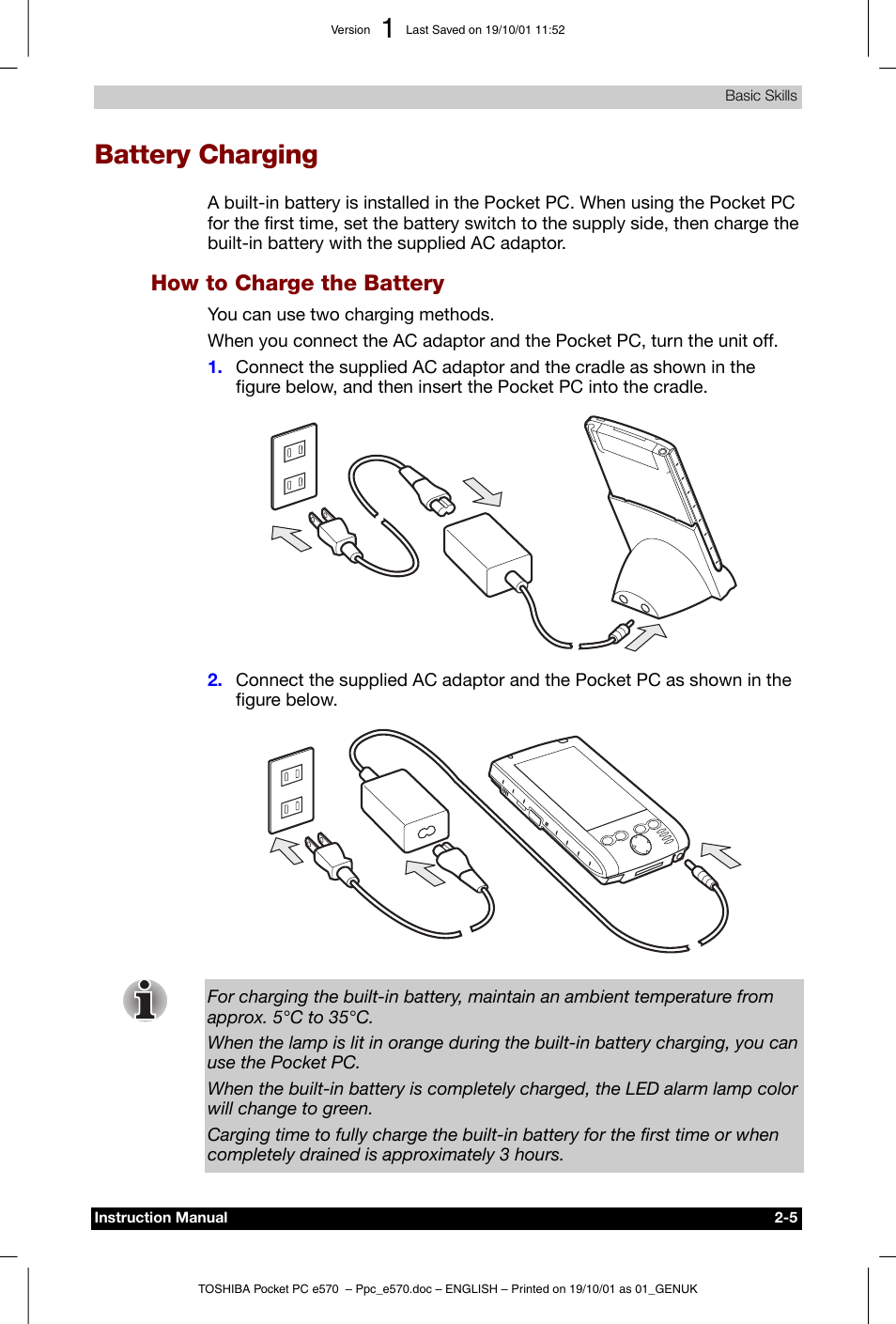 Battery charging, How to charge the battery | Toshiba Pocket PC e570 User Manual | Page 17 / 103