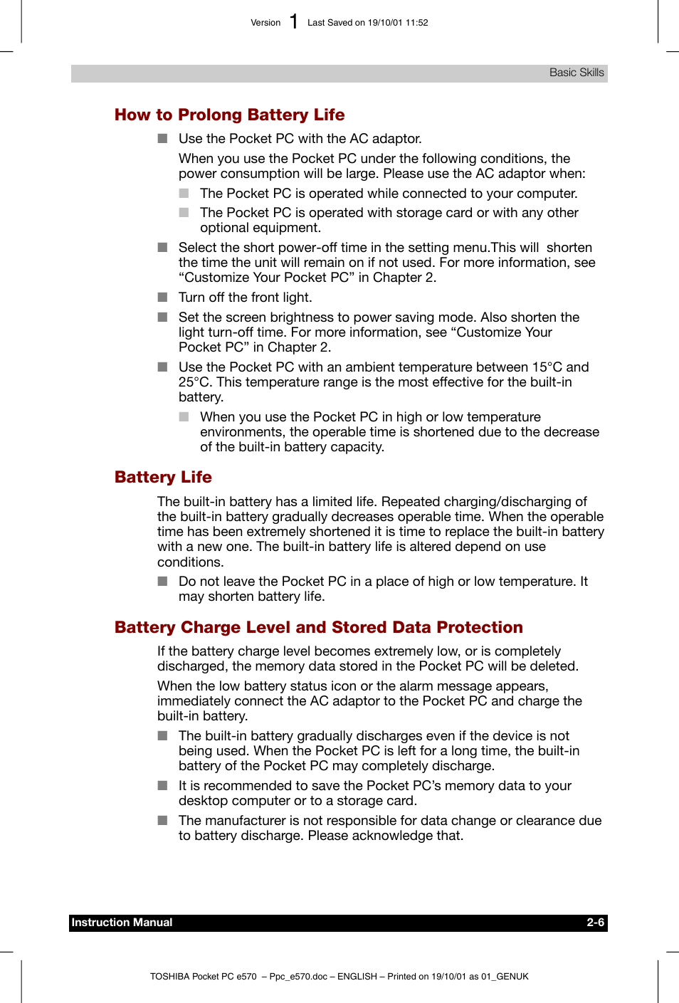 How to prolong battery life, Battery life, Battery charge level and stored data protection | Toshiba Pocket PC e570 User Manual | Page 18 / 103