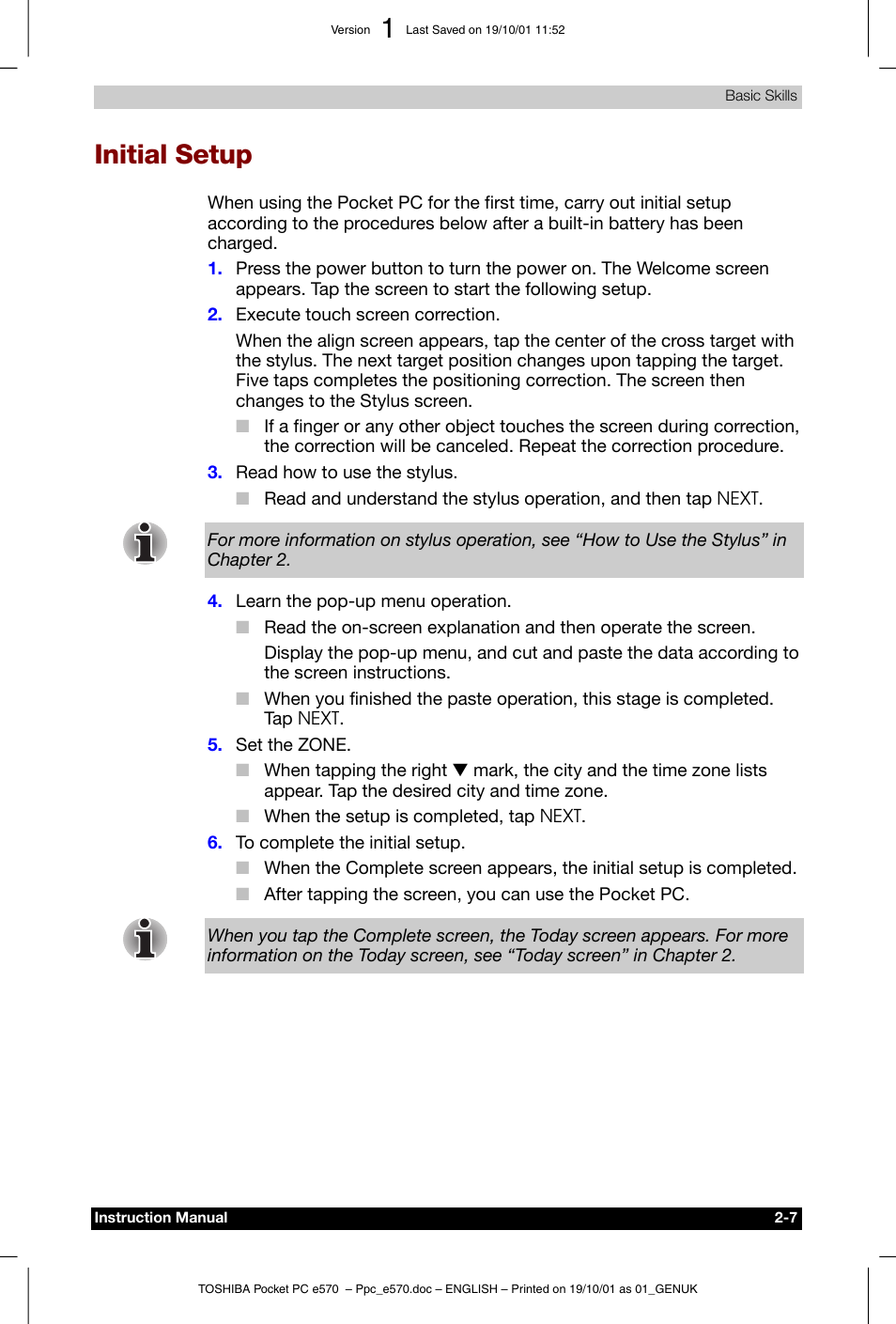 Initial setup | Toshiba Pocket PC e570 User Manual | Page 19 / 103