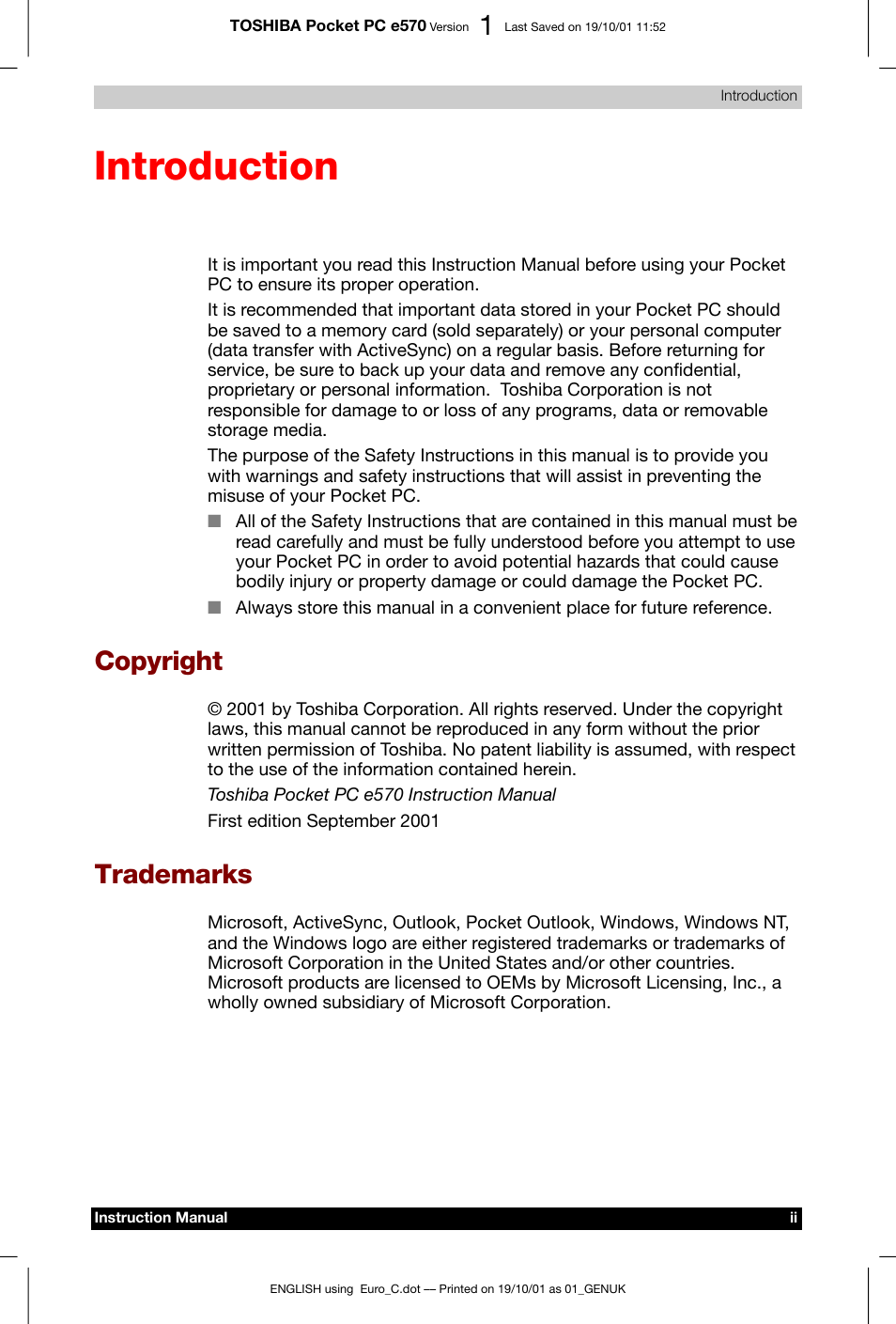 Introduction, Copyright, Trademarks | Toshiba Pocket PC e570 User Manual | Page 2 / 103