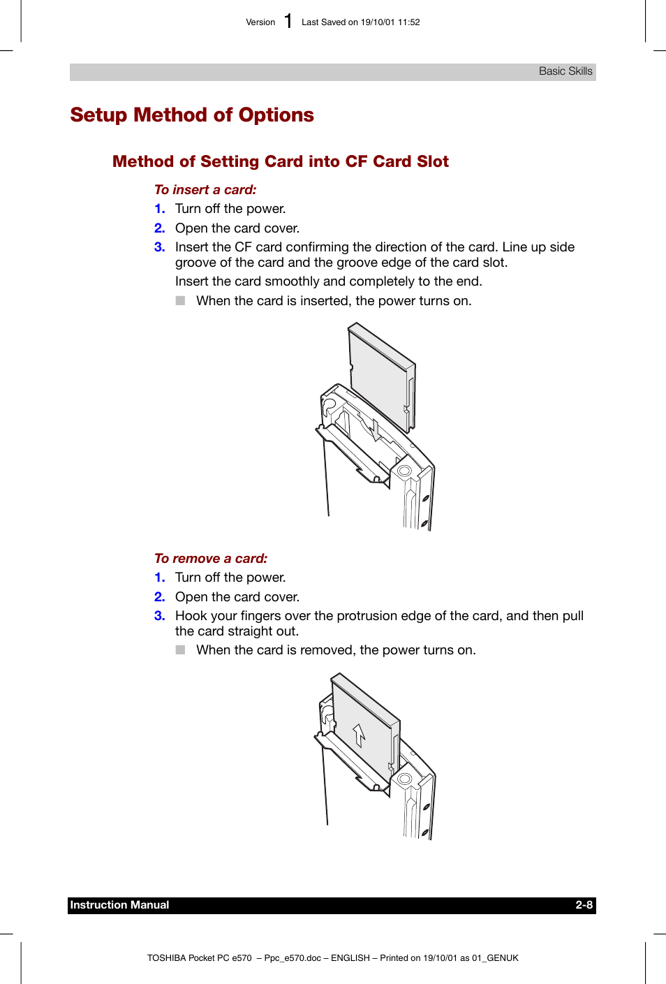 Setup method of options, Method of setting card into cf card slot | Toshiba Pocket PC e570 User Manual | Page 20 / 103