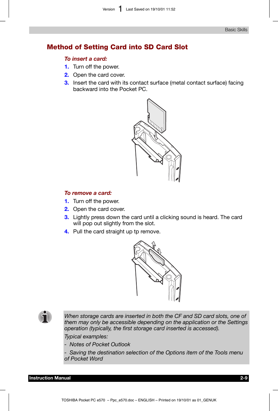 Method of setting card into sd card slot | Toshiba Pocket PC e570 User Manual | Page 21 / 103