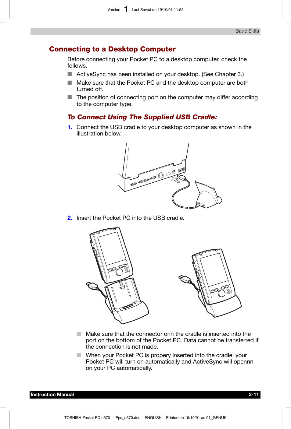 Connecting to a desktop computer | Toshiba Pocket PC e570 User Manual | Page 23 / 103
