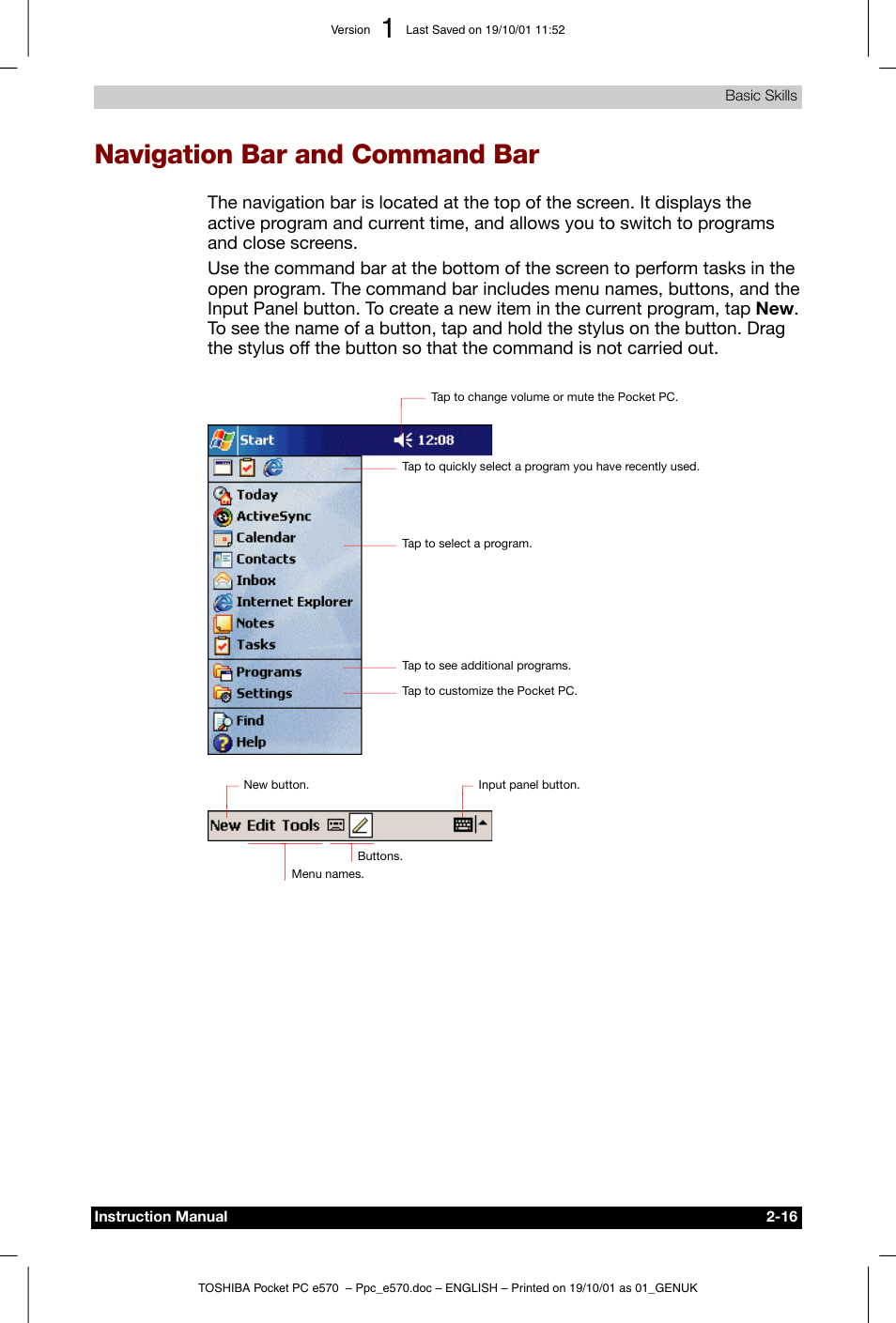Navigation bar and command bar | Toshiba Pocket PC e570 User Manual | Page 28 / 103