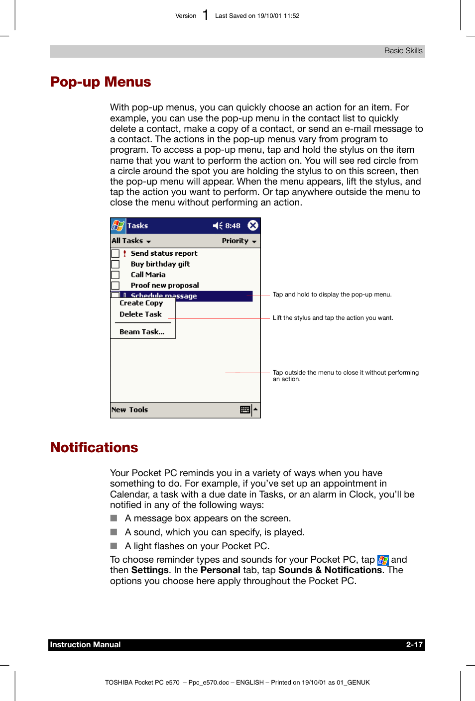 Pop-up menus, Notifications, Pop-up menus -17 | Toshiba Pocket PC e570 User Manual | Page 29 / 103