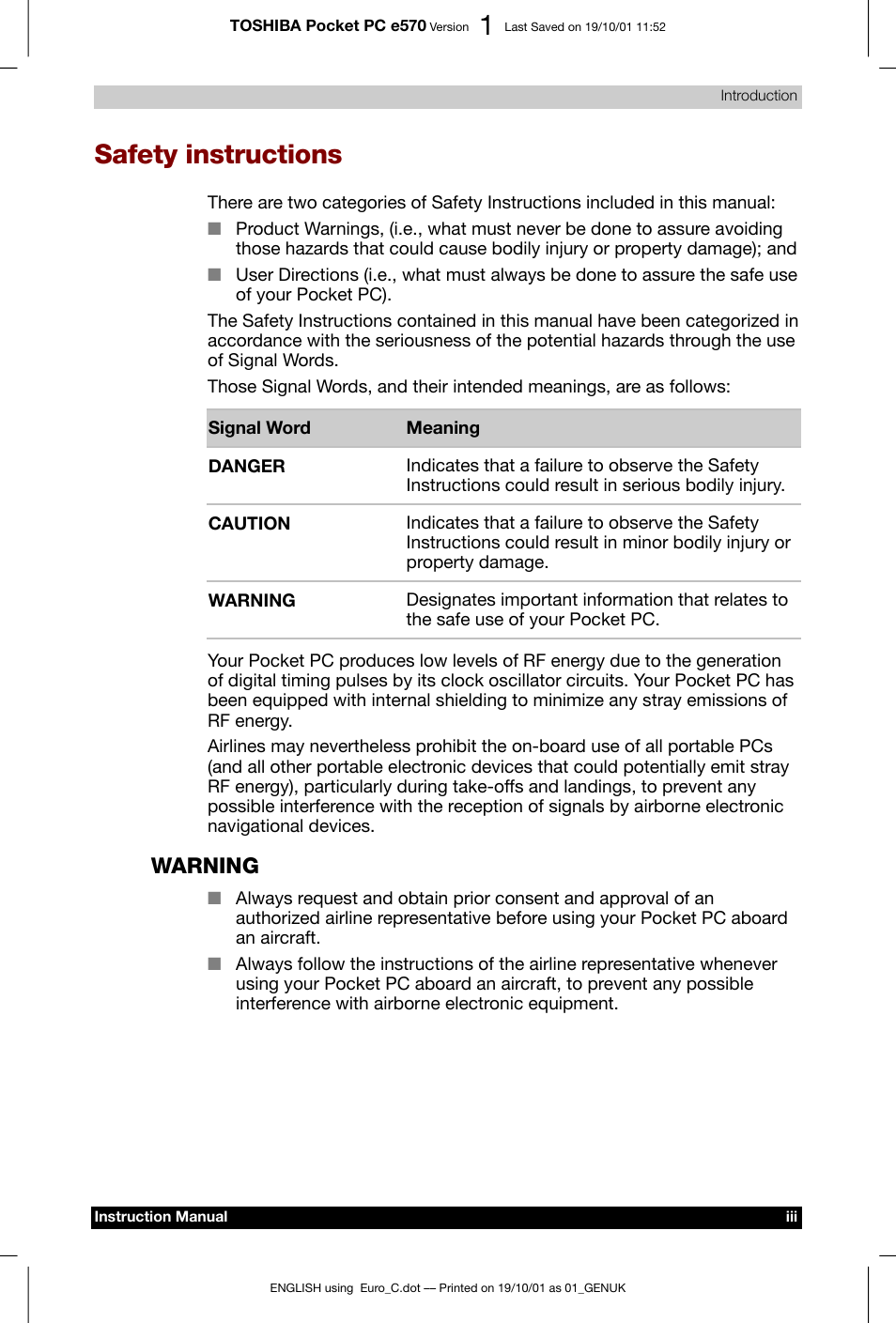 Safety instructions, Warning | Toshiba Pocket PC e570 User Manual | Page 3 / 103