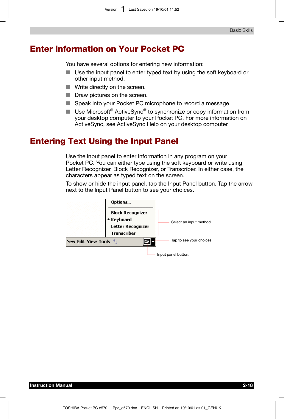 Enter information on your pocket pc, Entering text using the input panel | Toshiba Pocket PC e570 User Manual | Page 30 / 103