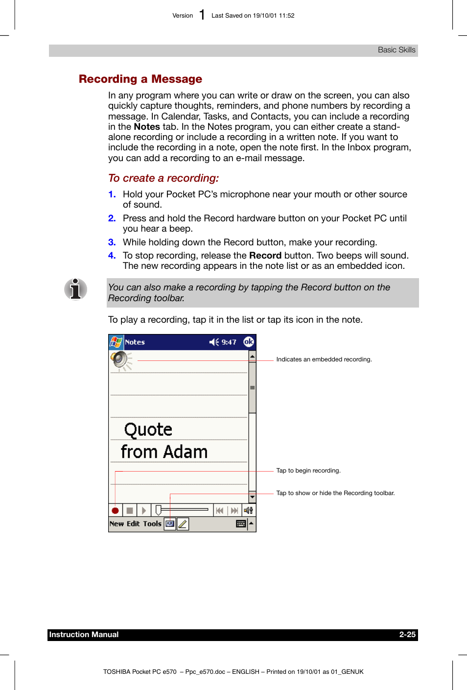 Recording a message | Toshiba Pocket PC e570 User Manual | Page 37 / 103
