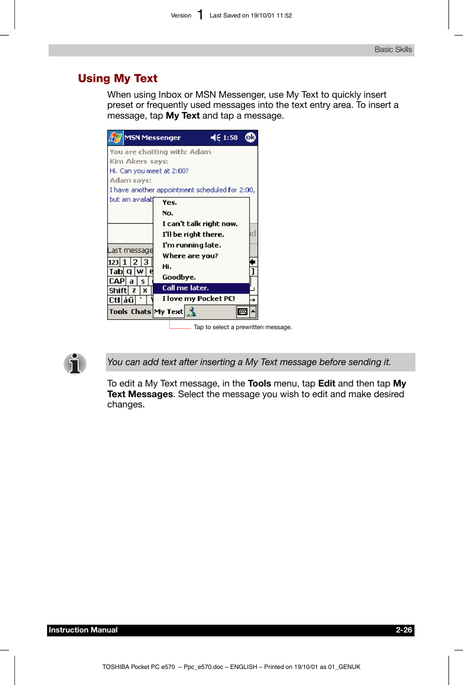 Using my text | Toshiba Pocket PC e570 User Manual | Page 38 / 103