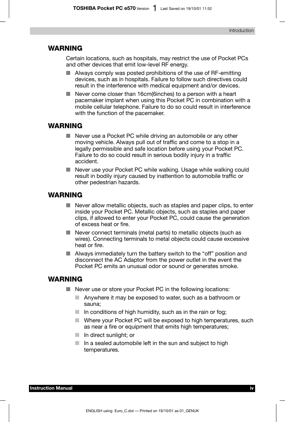 Warning | Toshiba Pocket PC e570 User Manual | Page 4 / 103
