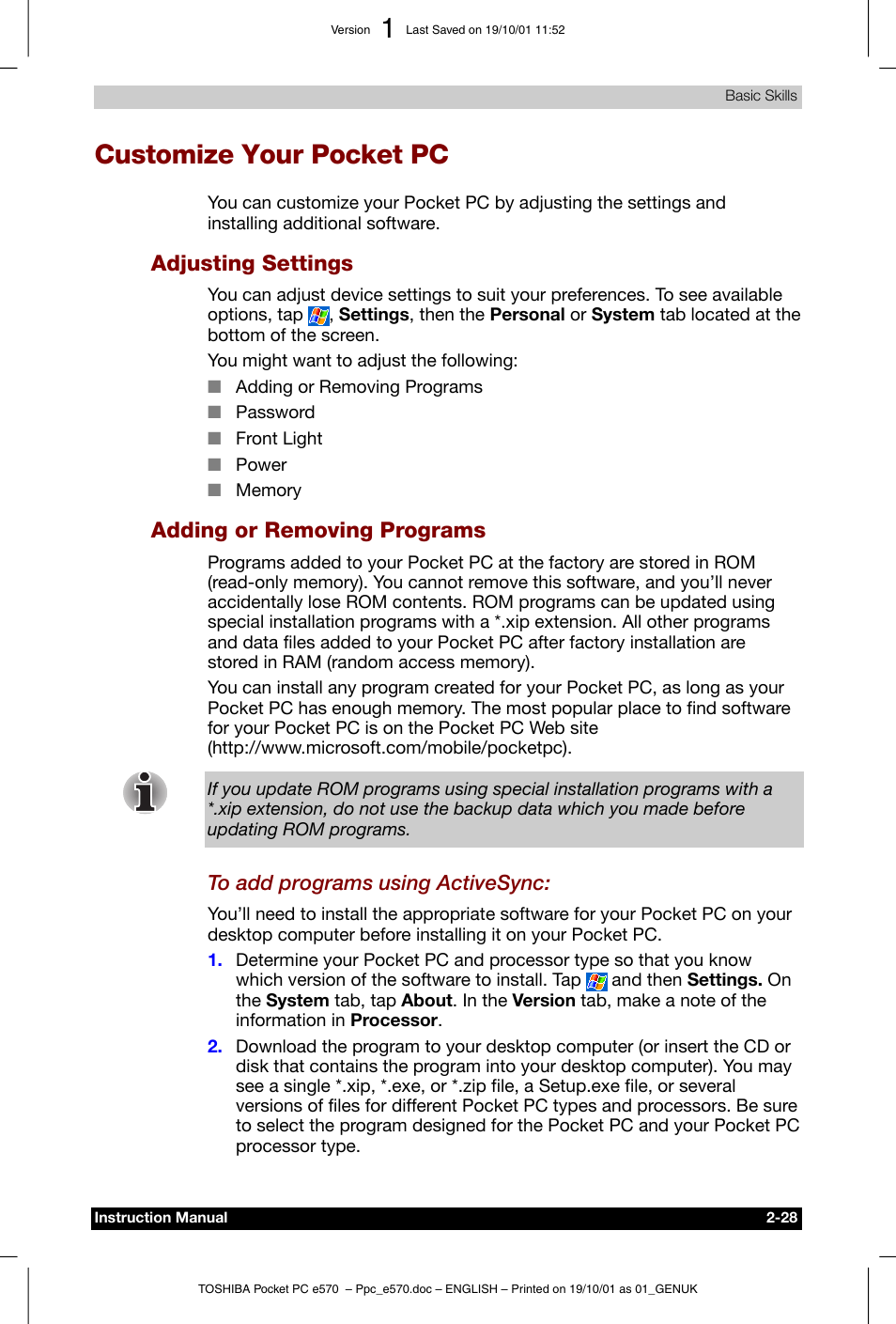 Customize your pocket pc, Adjusting settings, Adding or removing programs | Toshiba Pocket PC e570 User Manual | Page 40 / 103